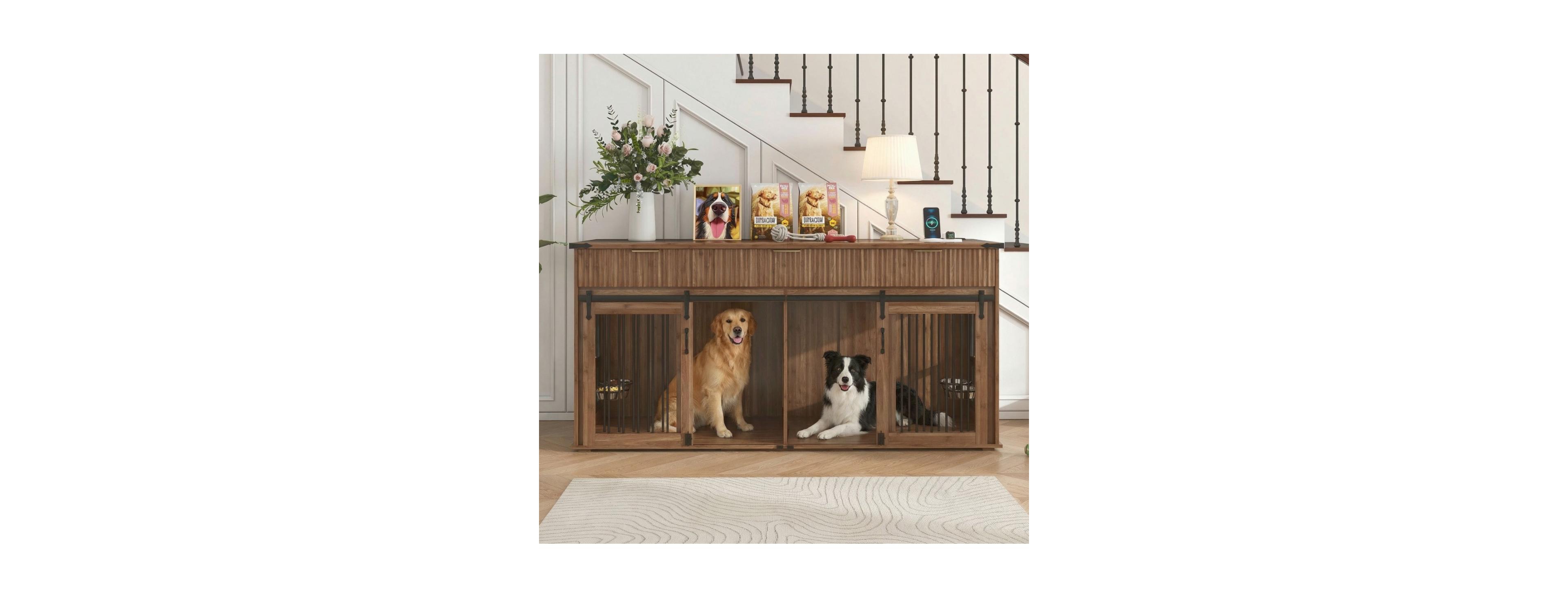 6thdruple 71" Rustic Double Dog Crate, Heavy Duty Dog Cage with Fluted Drawers, Rotating Bowls