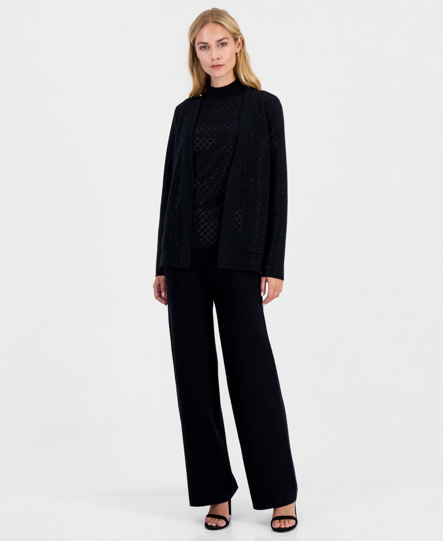 Женские кардиганы Anne Klein Diamond Heatset 3-Piece Cardigan Wide-Leg Suit, цвет: Чёрный — фото 1