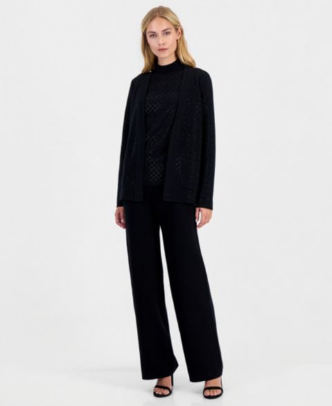 Женские кардиганы Anne Klein Diamond Heatset 3-Piece Cardigan Wide-Leg Suit, цвет: Чёрный