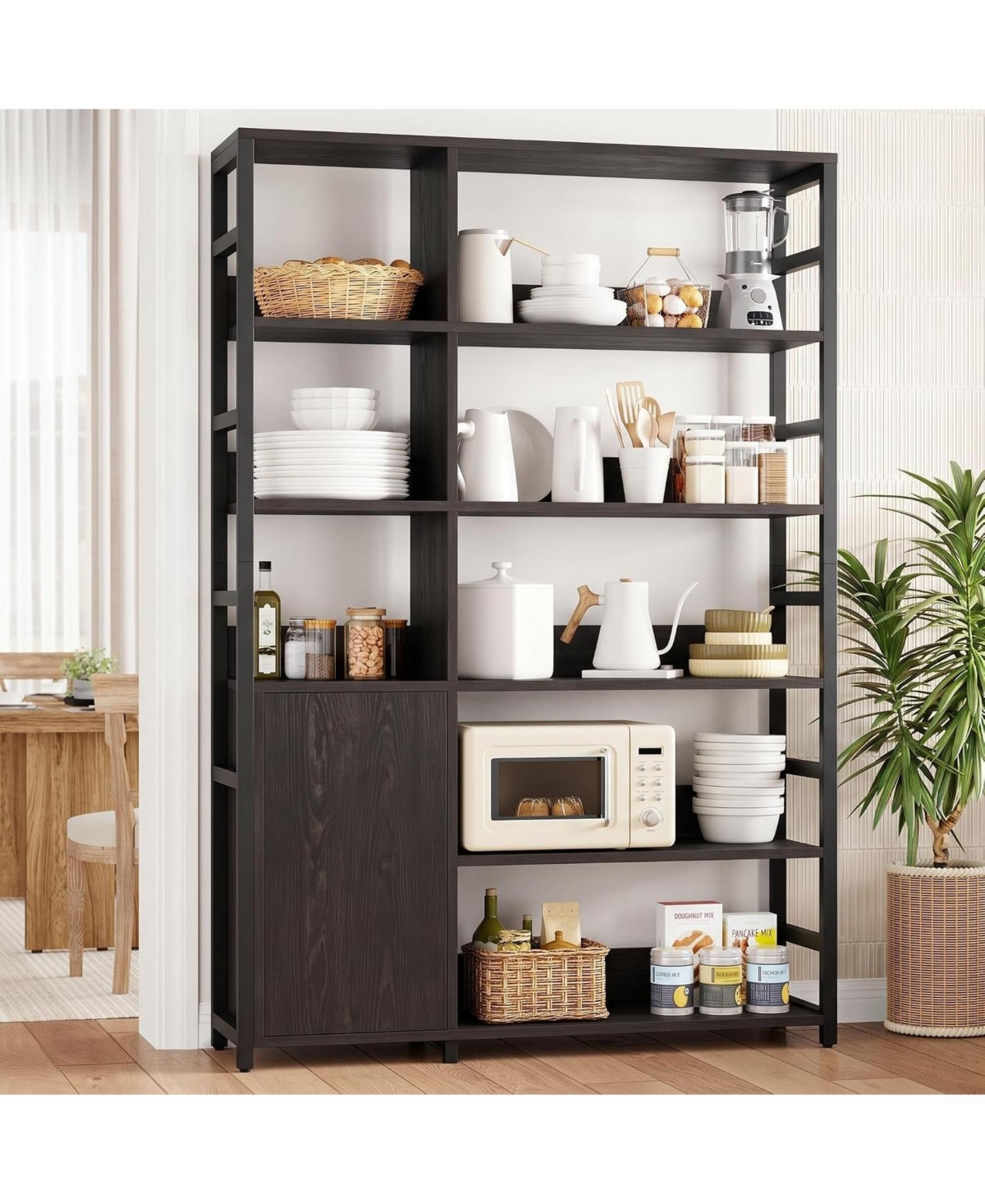 gaomon 71.1-Inch Industrial Bookcase with Door, 8 Open Shelves, Metal Frame, Adjustable Shelf, Protective Rails, for Living Room and Office