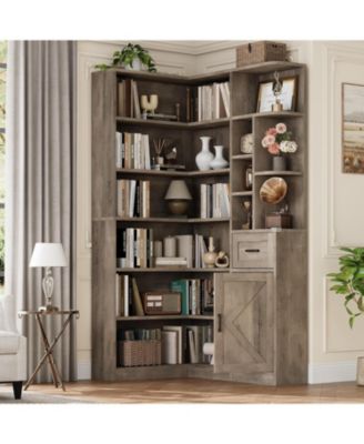 74" 6-Tier L-Shaped Corner Bookshelf with Drawer and Cabinet, Open Storage Display for Home Office