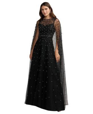 Women's Pearl Embellished Cape A-Line Gown