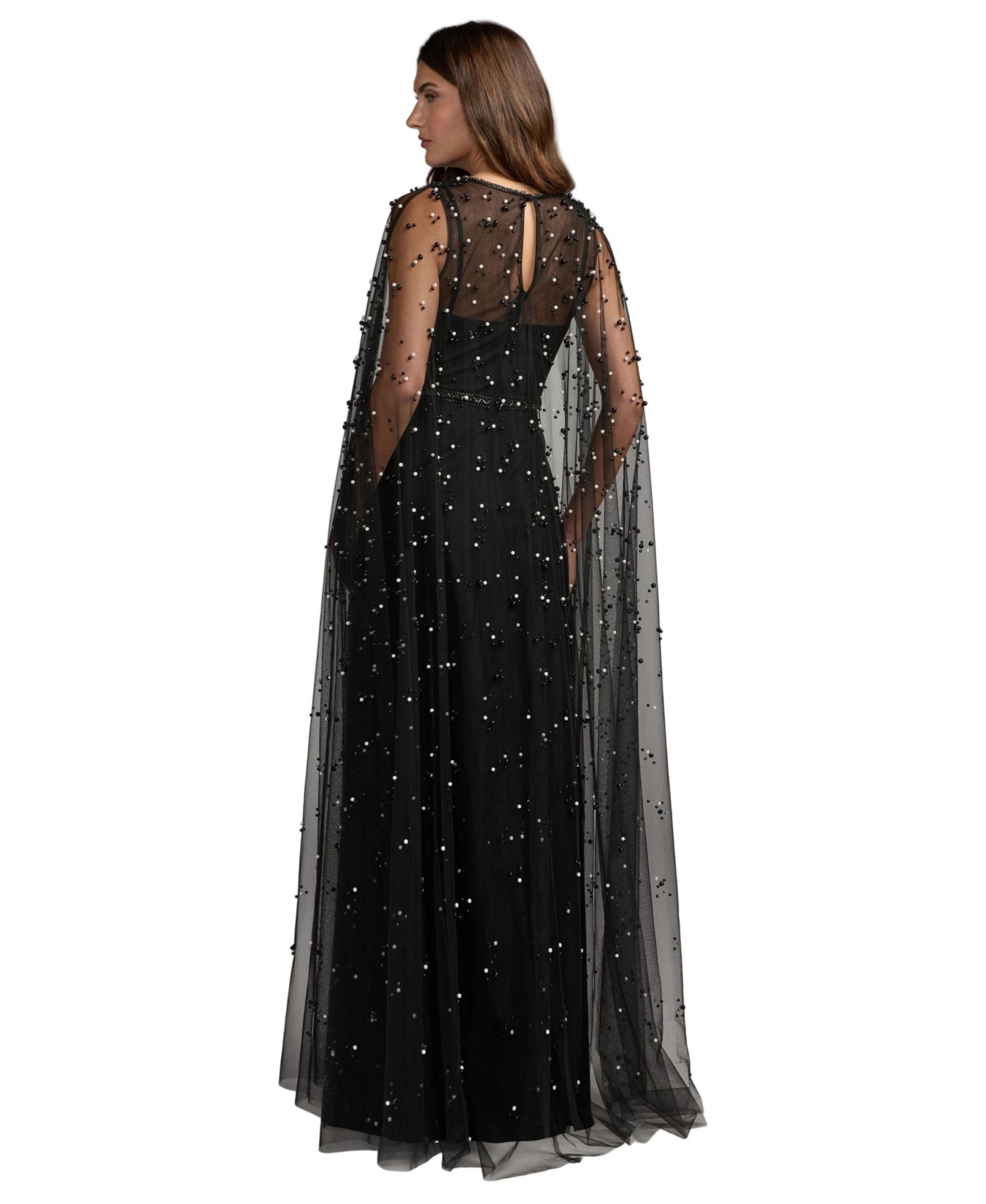 Женское платье Mac Duggal Pearl Embellished Cape A-Line Gown, цвет: Чёрная слоновая кость — фото 3