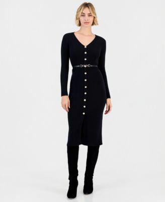Women's Belted Sweater Midi V-Neck Long-Sleeve Dress