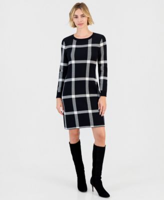 Women's Plaid Crew Neck Long-Sleeve Sweater Dress