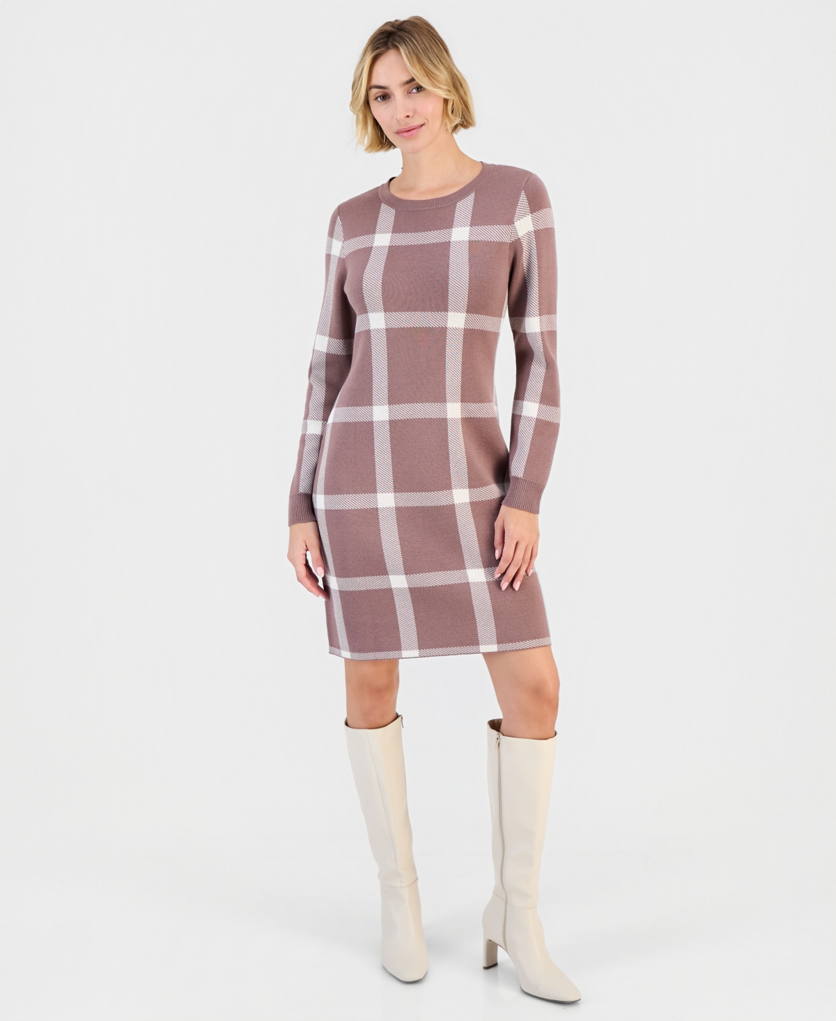 Sandra Darren Women's Plaid Crew Neck Long-Sleeve Sweater Dress - MOCHA IVORY