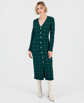 Women's Plaid V-Neck Long-Sleeve Midi Sweater Dress