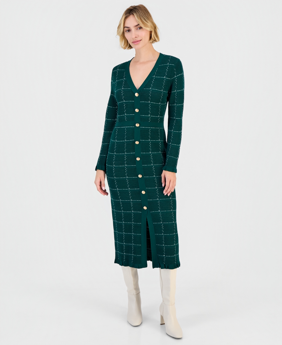Sandra Darren Women's Plaid V-Neck Long-Sleeve Midi Sweater Dress - HUNTER