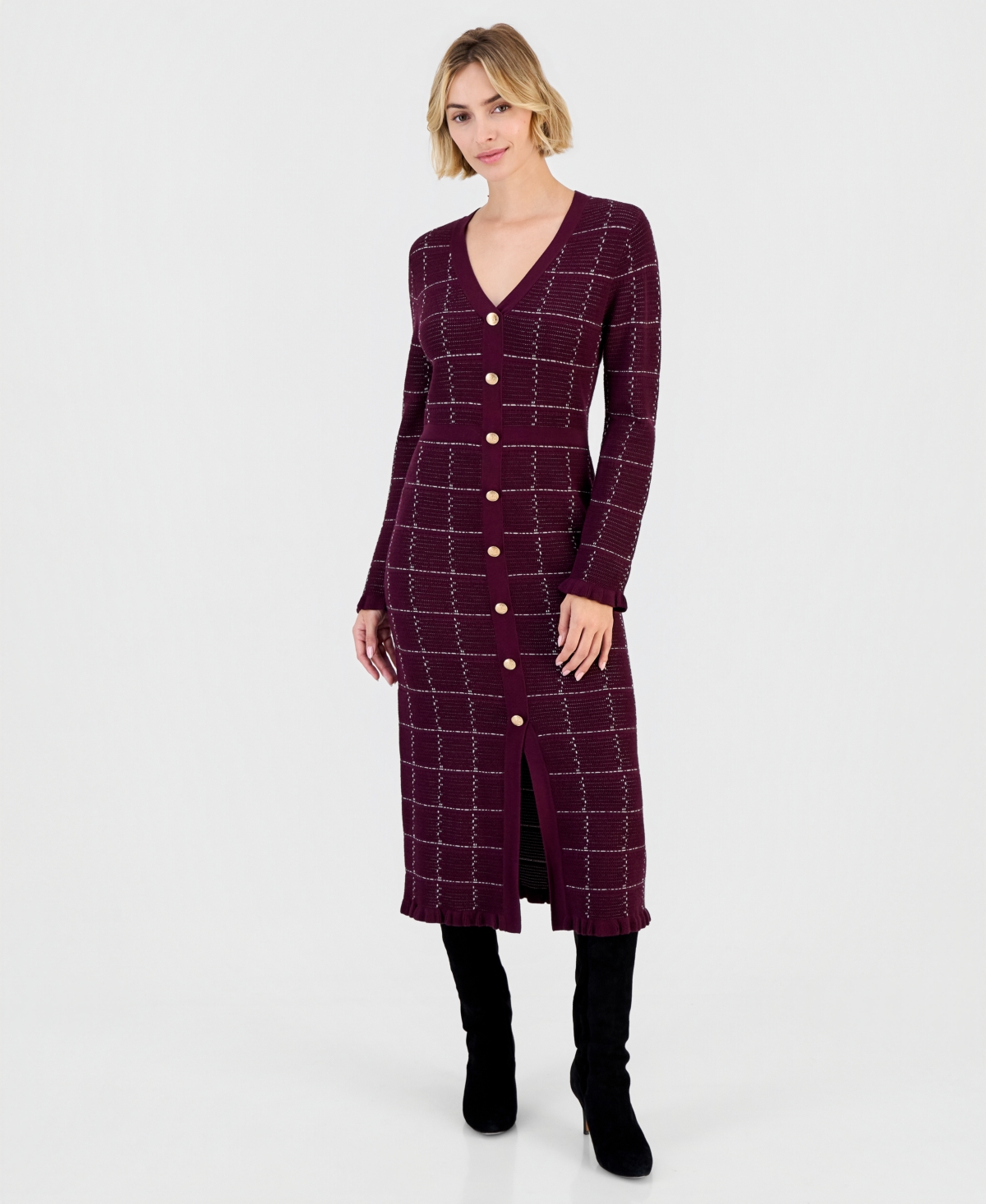 Sandra Darren Women's Plaid V-Neck Long-Sleeve Midi Sweater Dress - PLUM