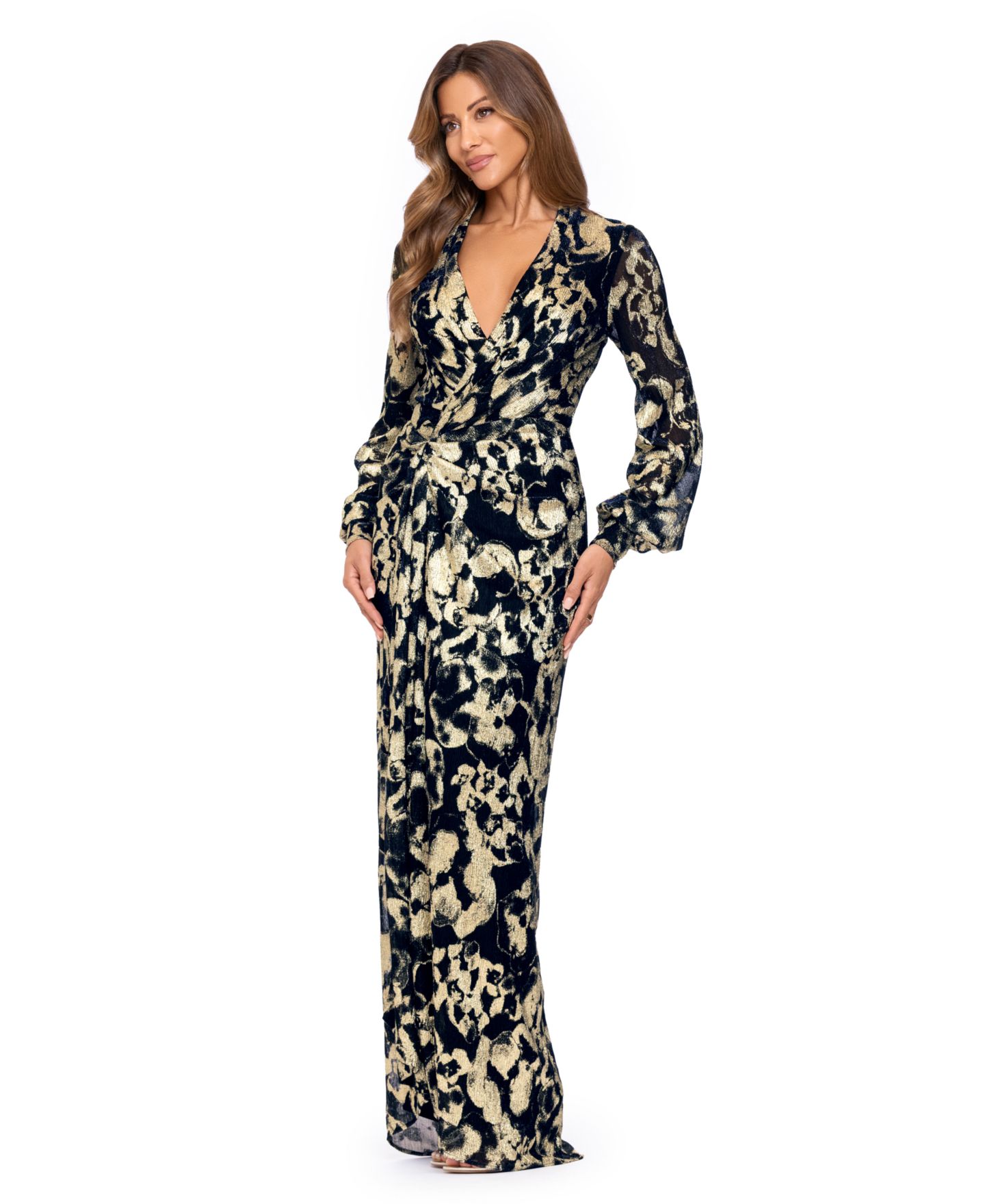 Женские платья Betsy & Adam Floral Long-Sleeve Gown, цвет: Тёмно-синий / Золотой — фото 2