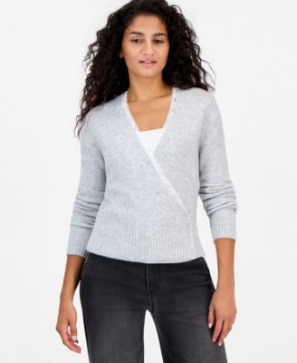 Juniors' Surplice V-Neck Lace Sweater