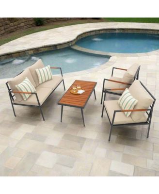 - Outdoor 4 Piece Steel frame Conversation Set with Wood Armrests and Cushions