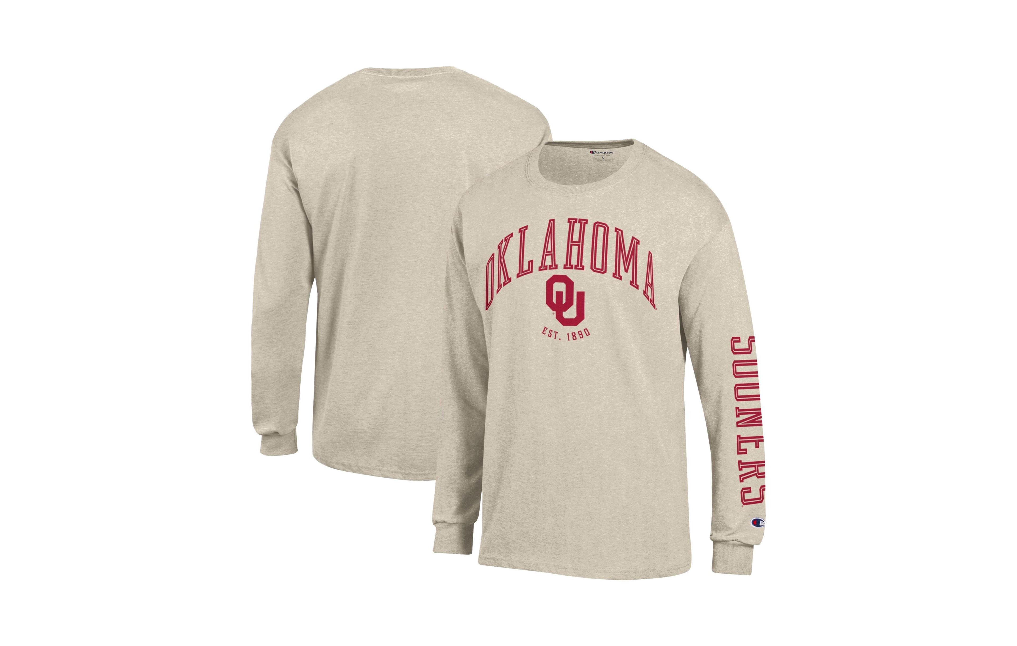 Champion Men's Heather Oatmeal Oklahoma Sooners Neutral Arch Long-Sleeve T-Shirt