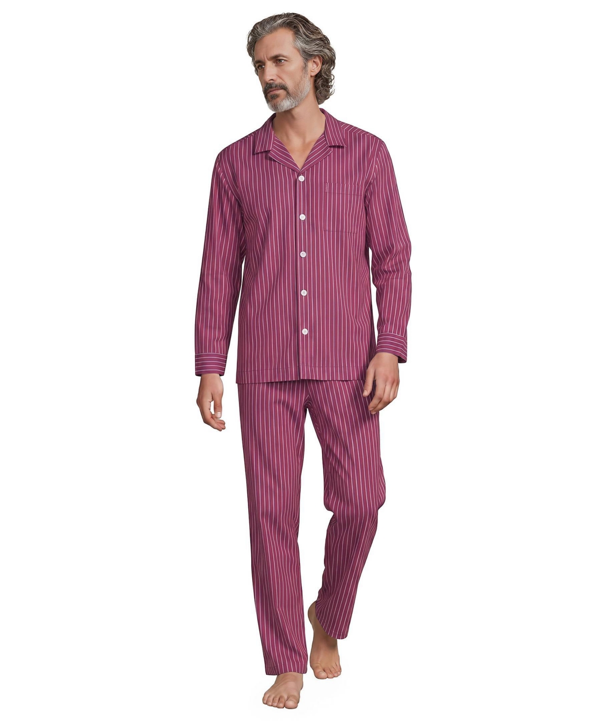 Lands' End Men's Long-Sleeve Striped Essential Top and Pants, 2-Piece Pajama Set