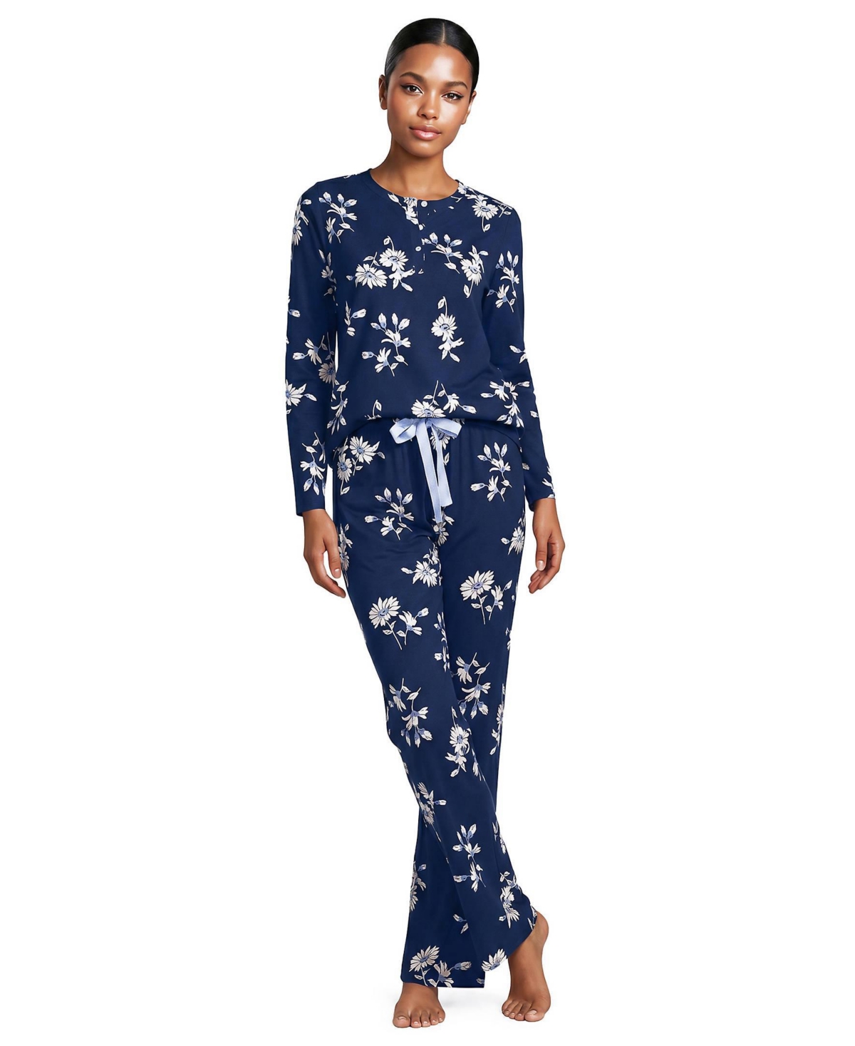 Lands' End Women's Knit 2 Piece Pajama Set - Long Sleeve Top and Pants - Deep sea/ivory floral