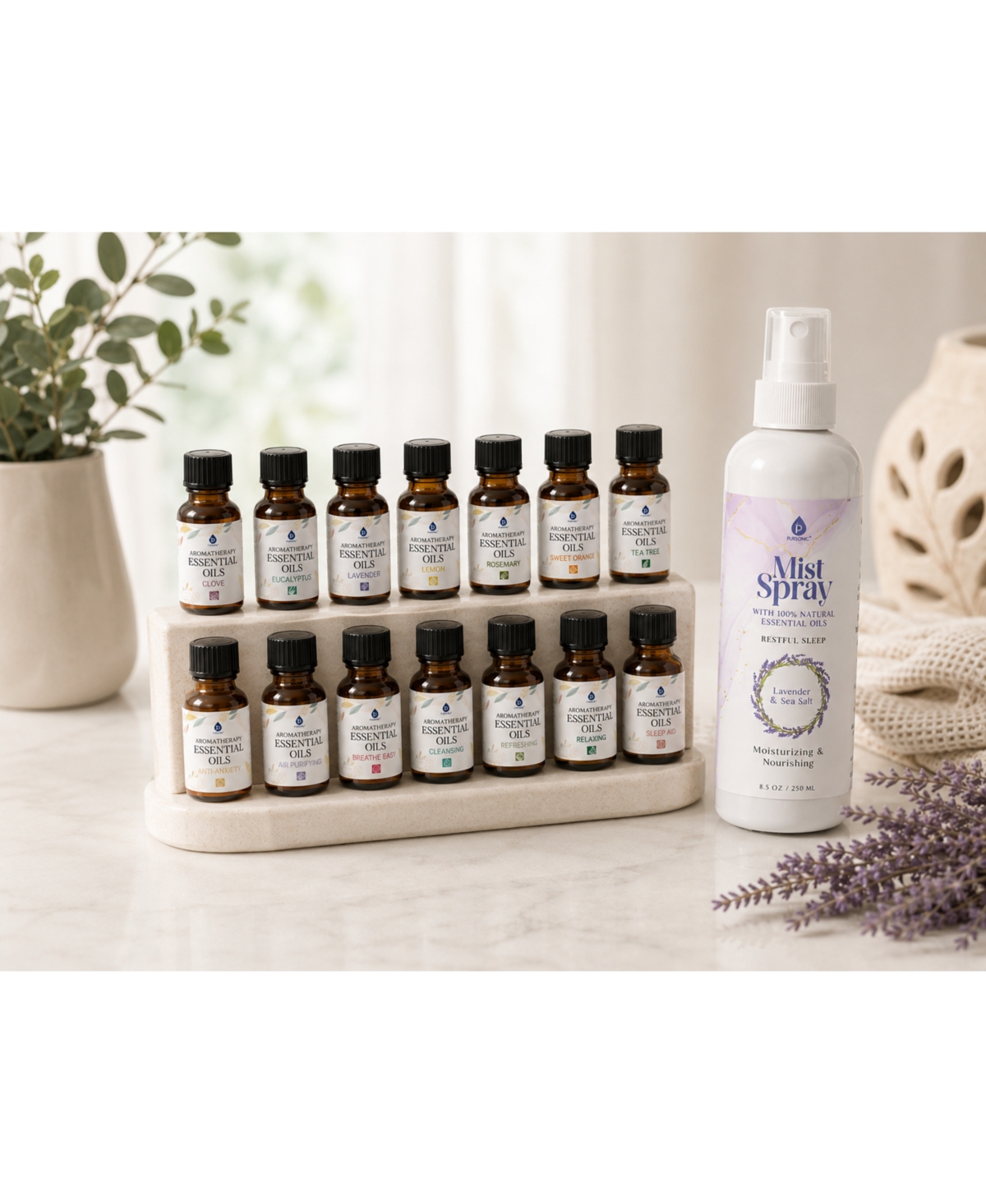 Pursonic Lavender & Sea Salt Mist Spray + 14-Pack Essential Oil Gift Set for Aromatherapy & Wellness