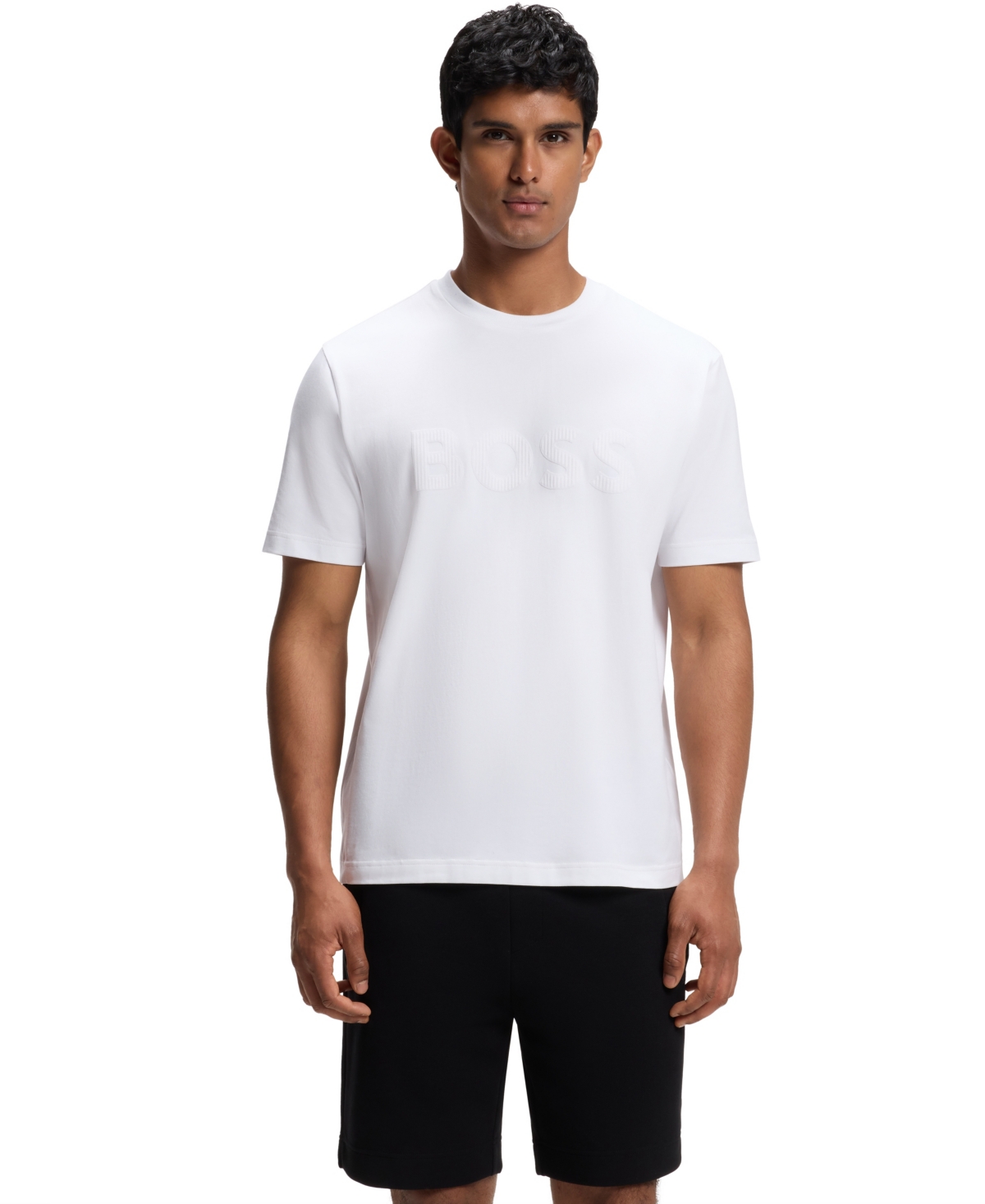 Boss by Hugo Boss Men's Stretch Cotton Tonal Flock-Logo Regular-Fit T-Shirt - White