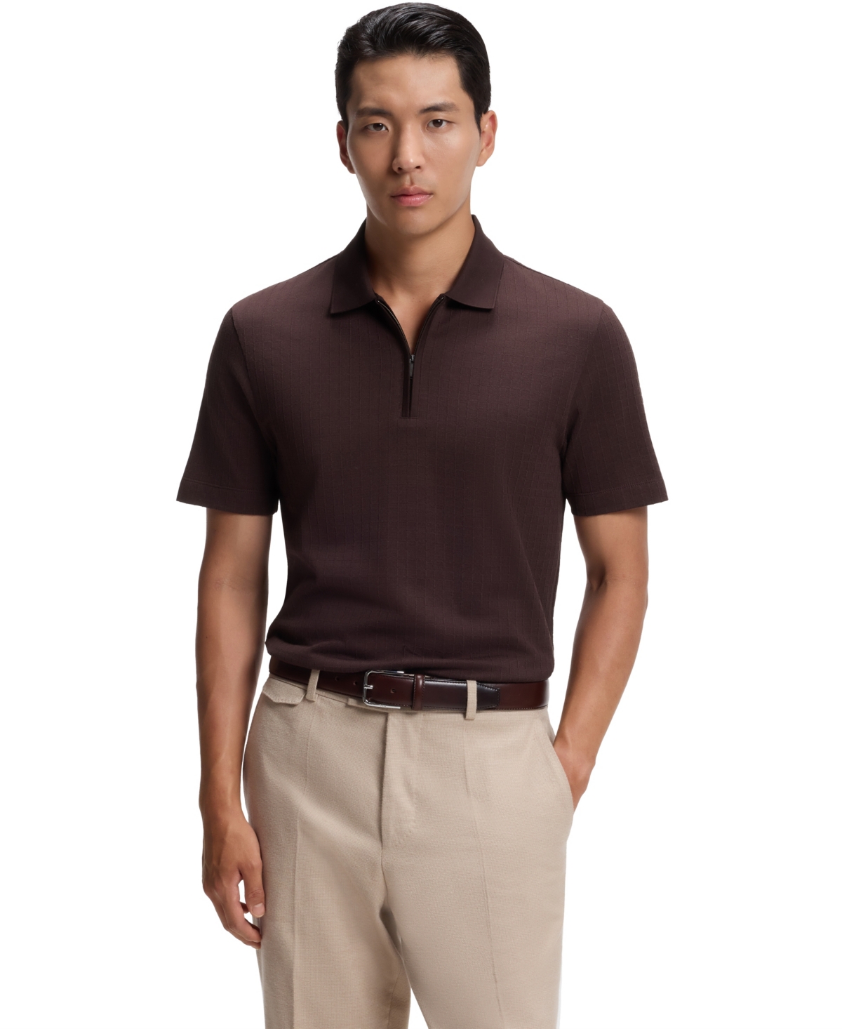 Hugo Boss Boss By  Men's Cotton-silk Blend Zip-neck Polo Shirt In Open Brown