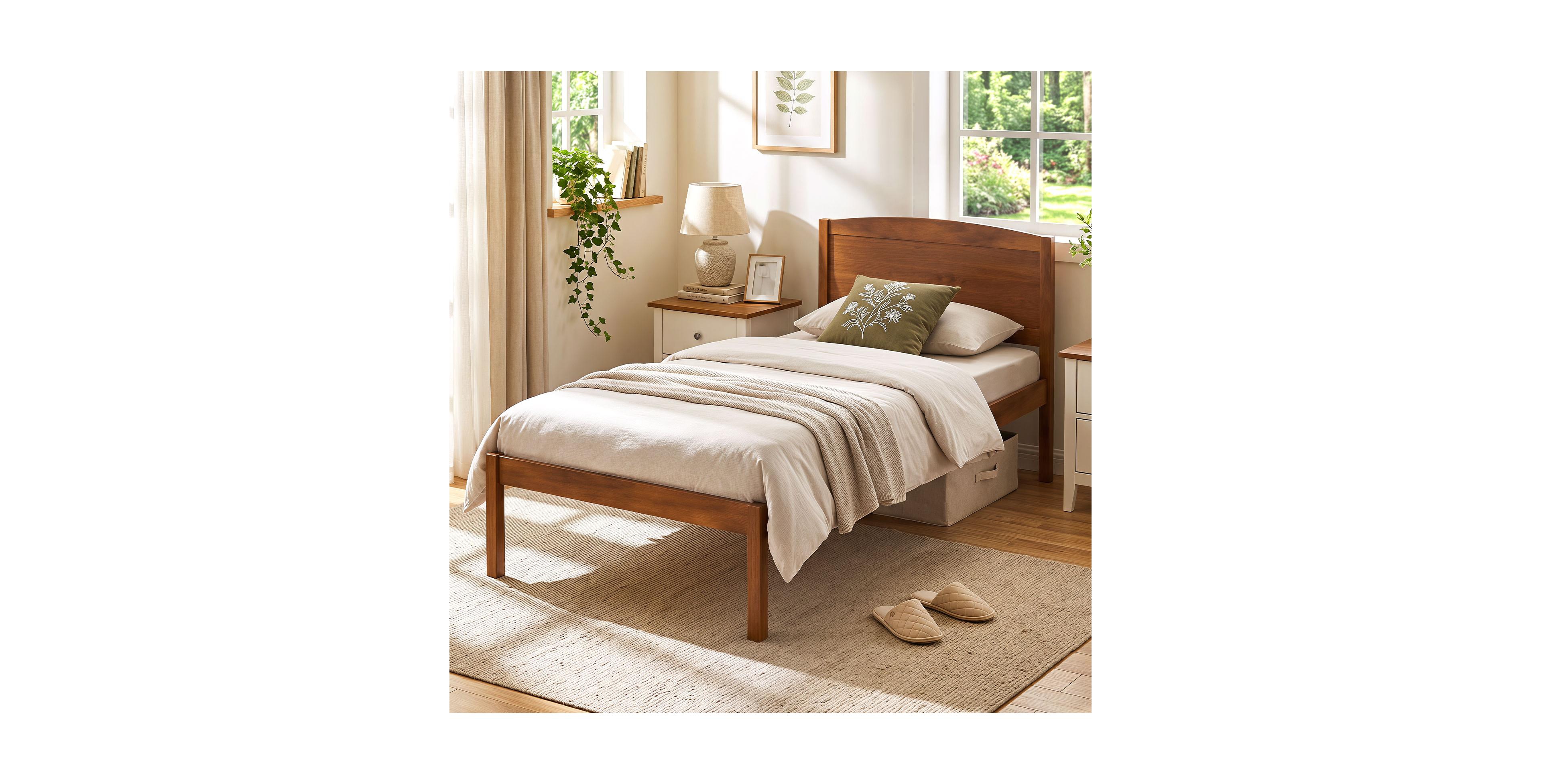 Gymax Twin Wooden Platform Bed Frame with Curved Headboard Solid Pine Wood Legs