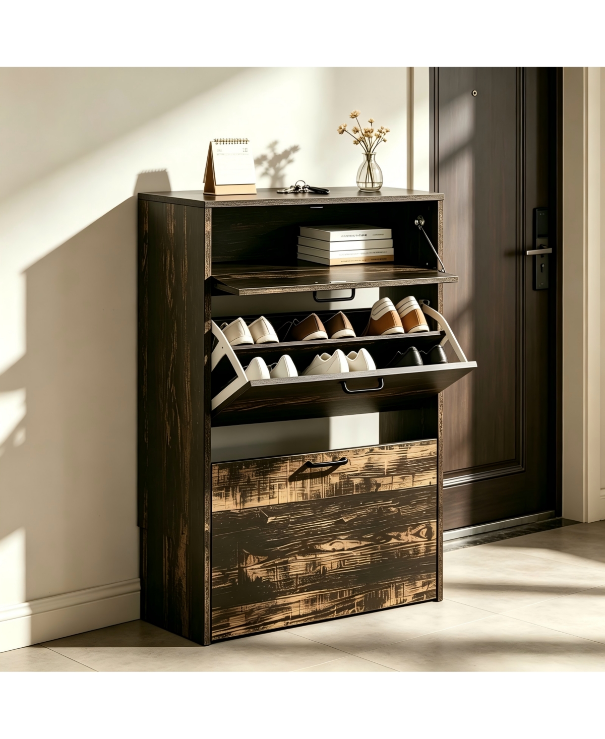 Slickblue Oak Mdf Shoe Cabinet with 2 Doors and 1 Storage Drawer