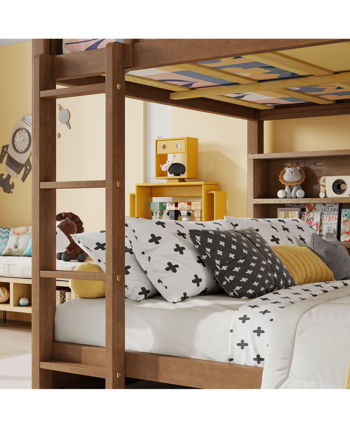 Clihome Queen Over Queen Bunk Bed with Built-in Storage Cabinets,Charging Station,Ladder,Safety Guardrails