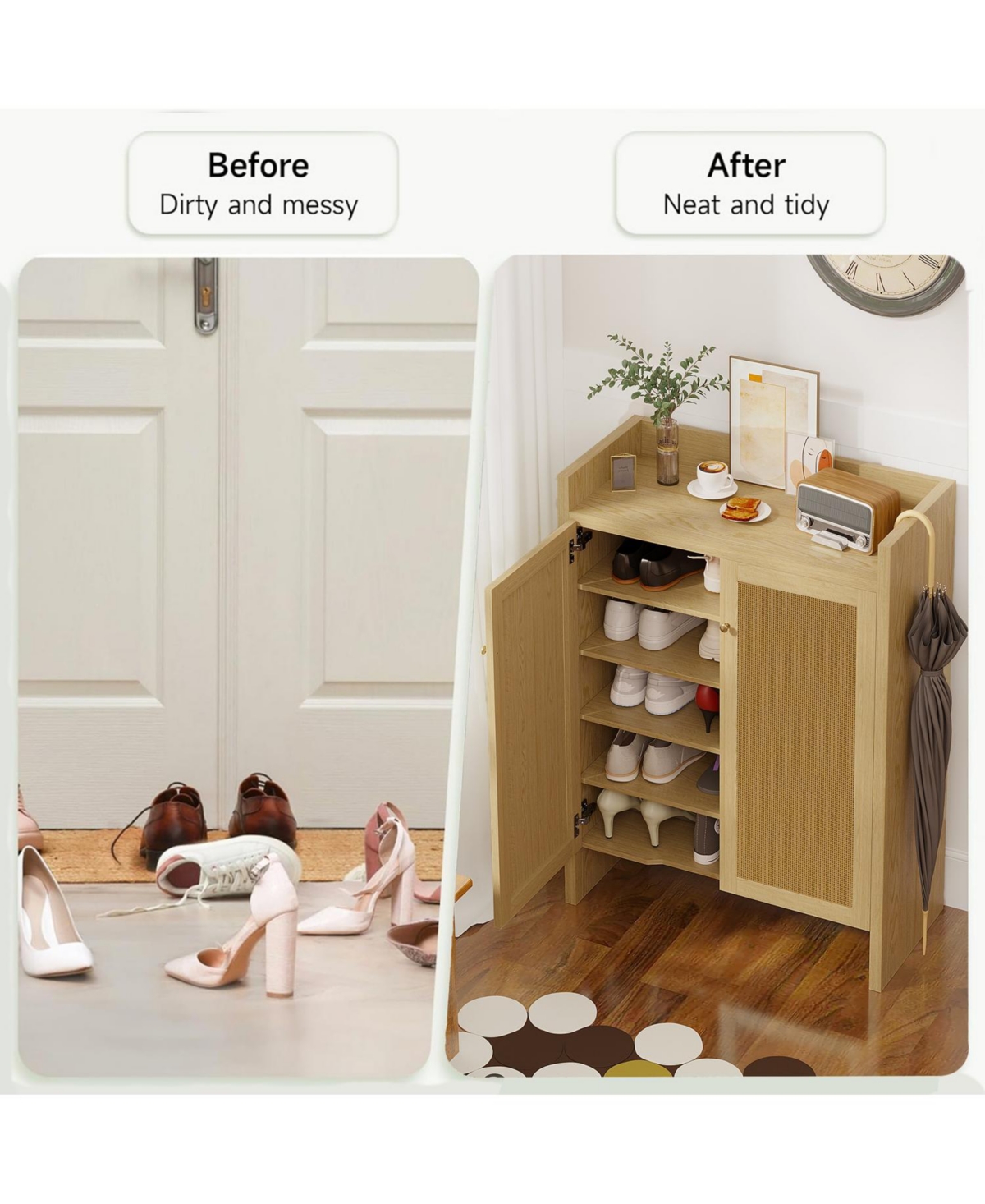 Slickblue 42.5 Inch Shoe Cabinet with Rattan Doors and 6-Tier Storage