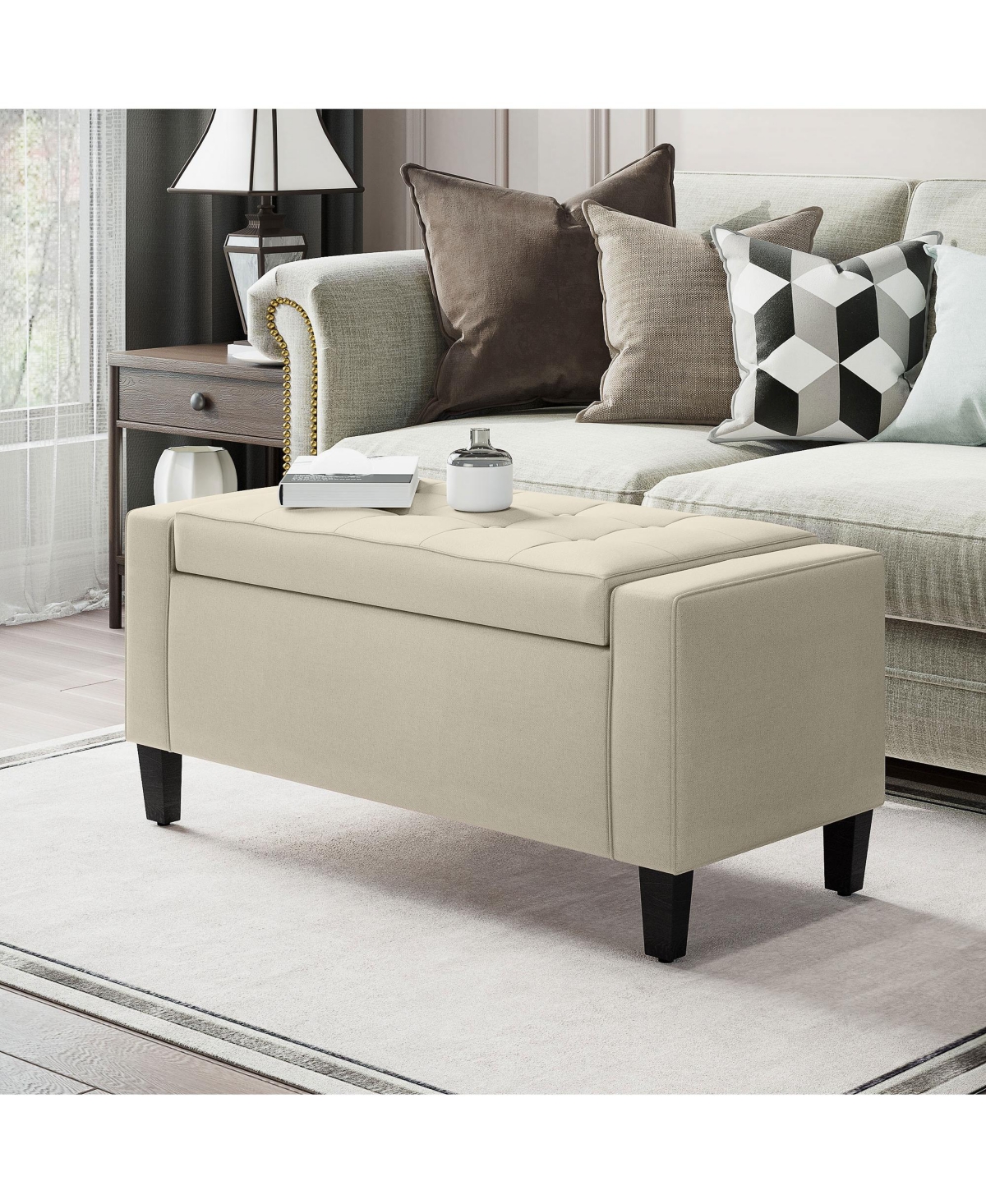 Slickblue Storage Ottoman Bench with High Density Foam and Linen Look Fabric