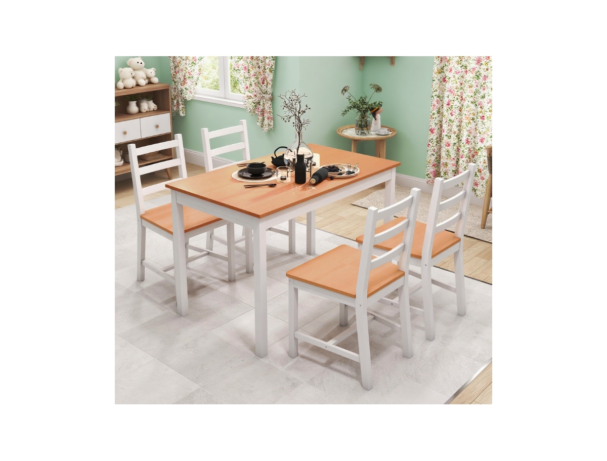Flynama Solid Pine Dining Set, Rustic Wood Table and 4 Slatted High Back Chairs5-Piece