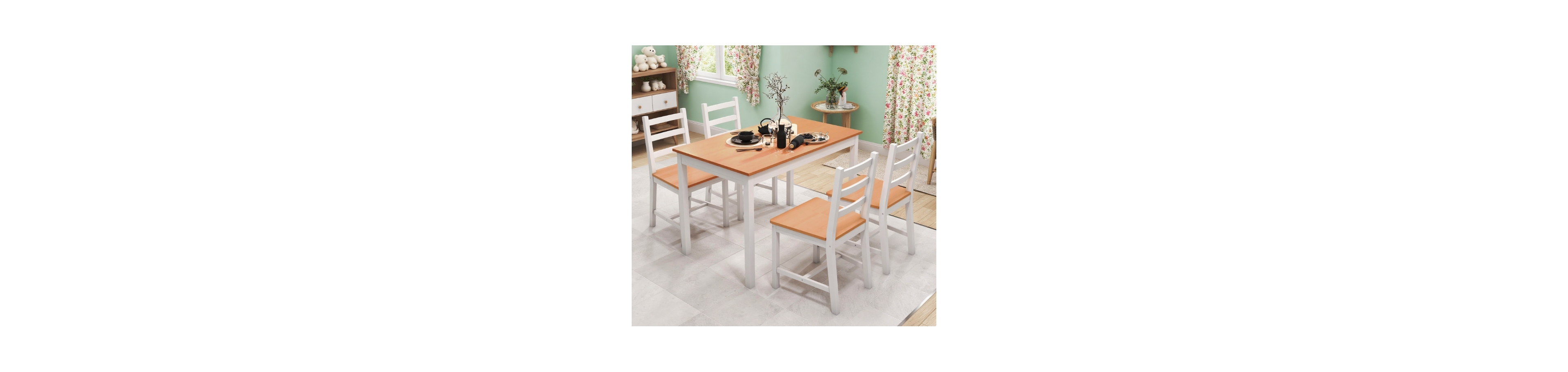 Flynama Solid Pine Dining Set, Rustic Wood Table and 4 Slatted High Back Chairs5-Piece