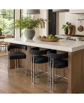 Kitchen Island Counter Stools Set of 3, Oatmeal Chenille Upholstery, Low Back with Arms, Polished Metal Tripod Base, 25" Seat Height