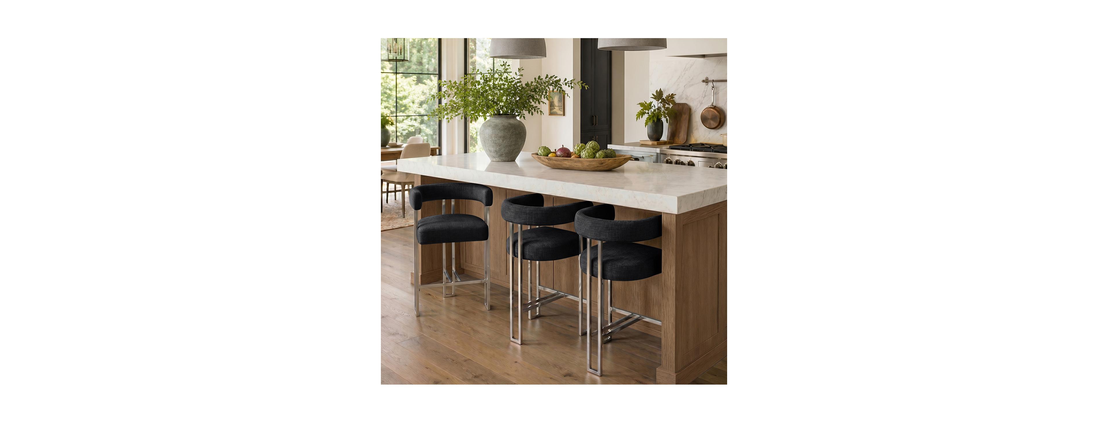 Maison Boucle Kitchen Island Counter Stools Set of 3, Oatmeal Chenille Upholstery, Low Back with Arms, Polished Metal Tripod Base, 25" Seat Height