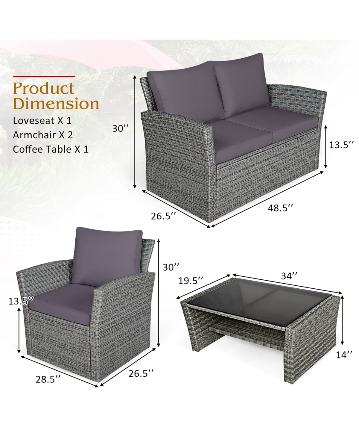 Costway 4Piece Patio Rattan Furniture Set Sofa Table With Storage Shelf