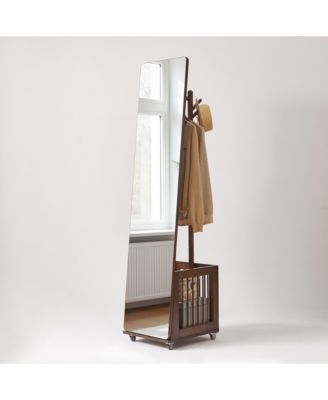 Solid Wood Rolling Coat Rack with Storage Basket Freestanding Multi Hook Garment Stand with Wheels Mobile Organizer for Entryway Bedroom