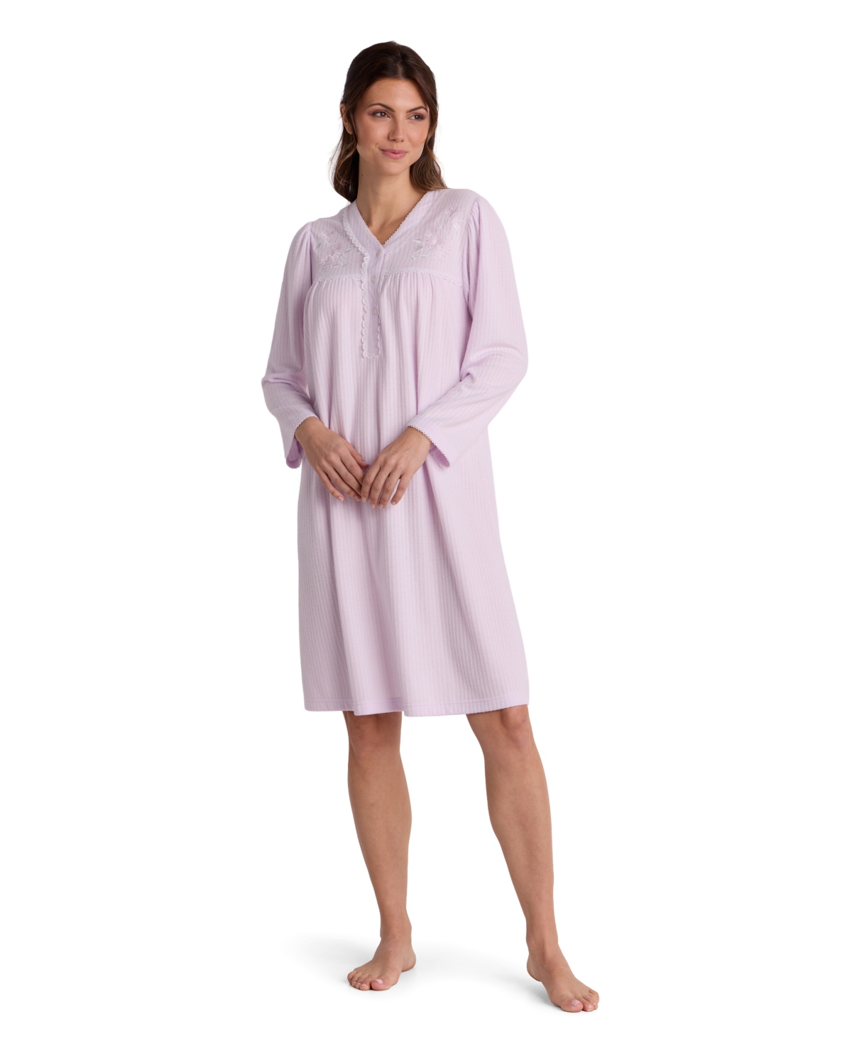 Miss Elaine Women's Honeycomb-Knit V-Neck Short Long-Sleeve Gown - Lavender