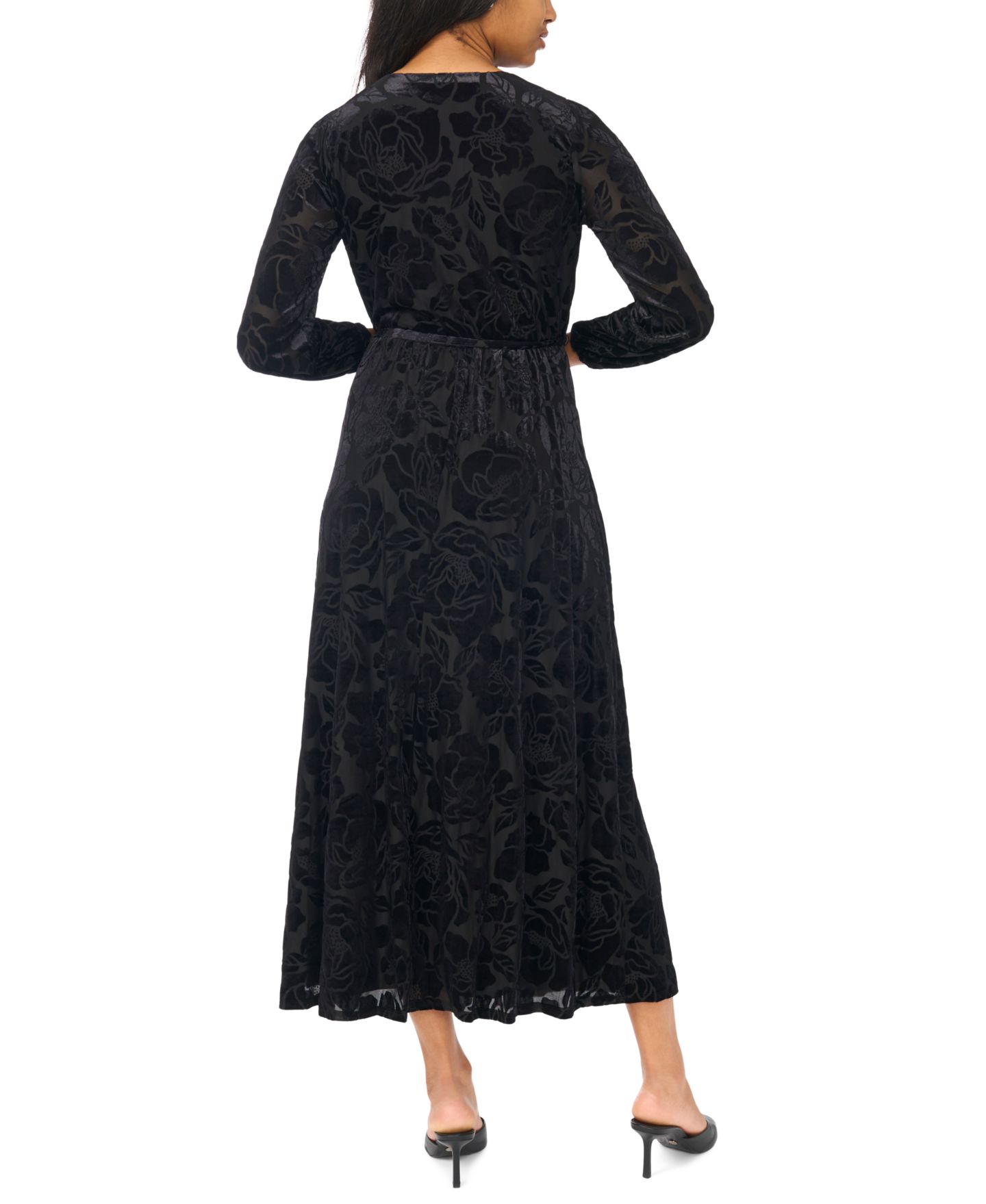Женское платье MSK Floral Long-Sleeve Velvet Burnout V-Neck Wrap Maxi, цвет: Чёрный — фото 5