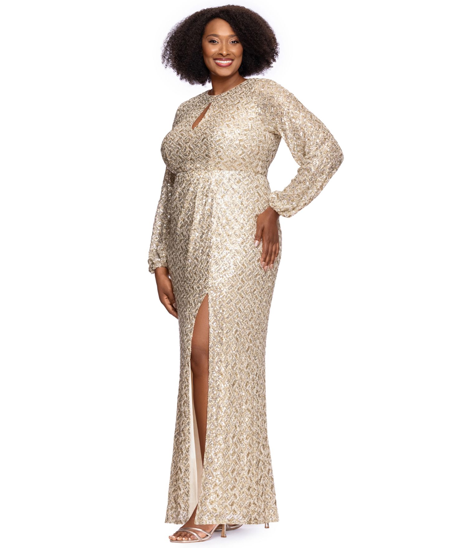 Женские платья XSCAPE Plus Size Allover-Sequin Keyhole Long-Sleeve Gown, цвет: Золотой серебряный — фото 3