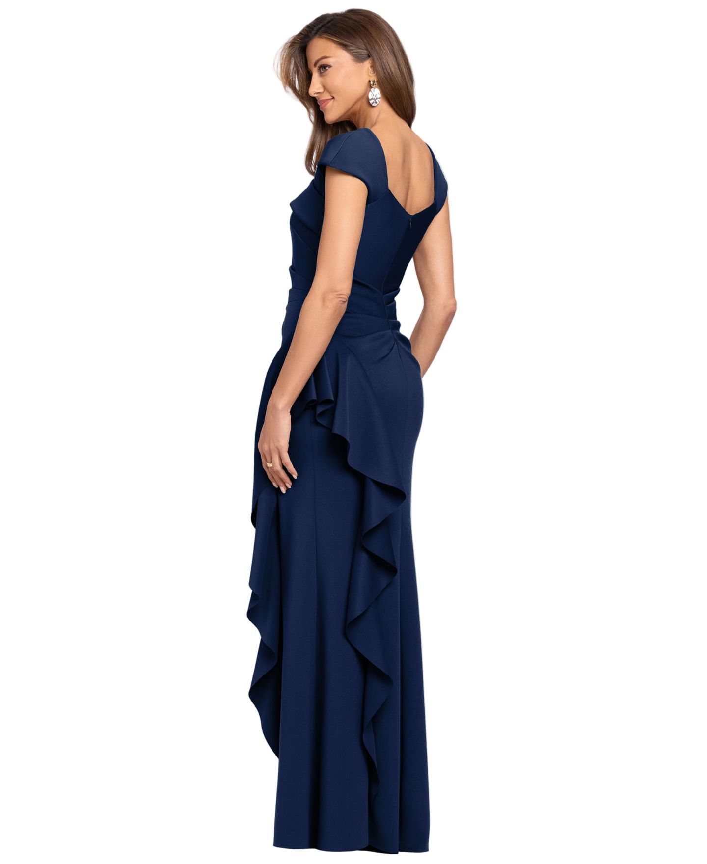 Женские платья XSCAPE Asymmetric Neck Side Ruffle Gown, цвет: Тёмно-синий — фото 3