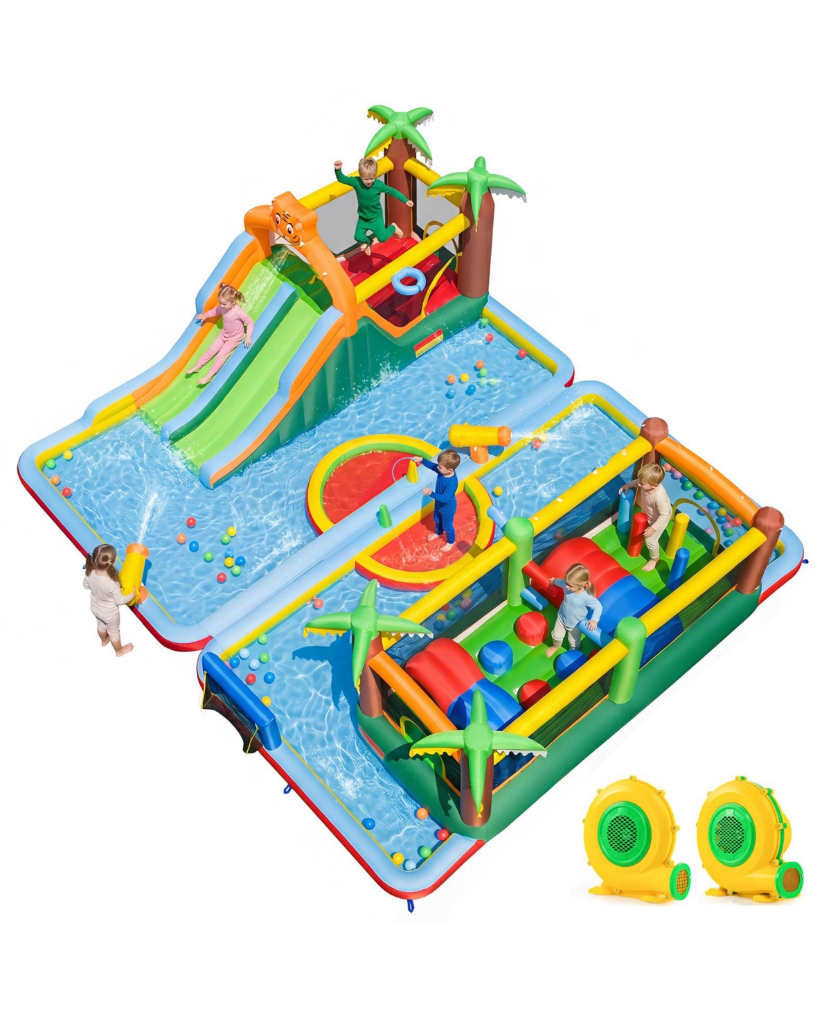 Gymax Inflatable Water Slide Park with Double Slides Splash Pools Jumping Area Blower