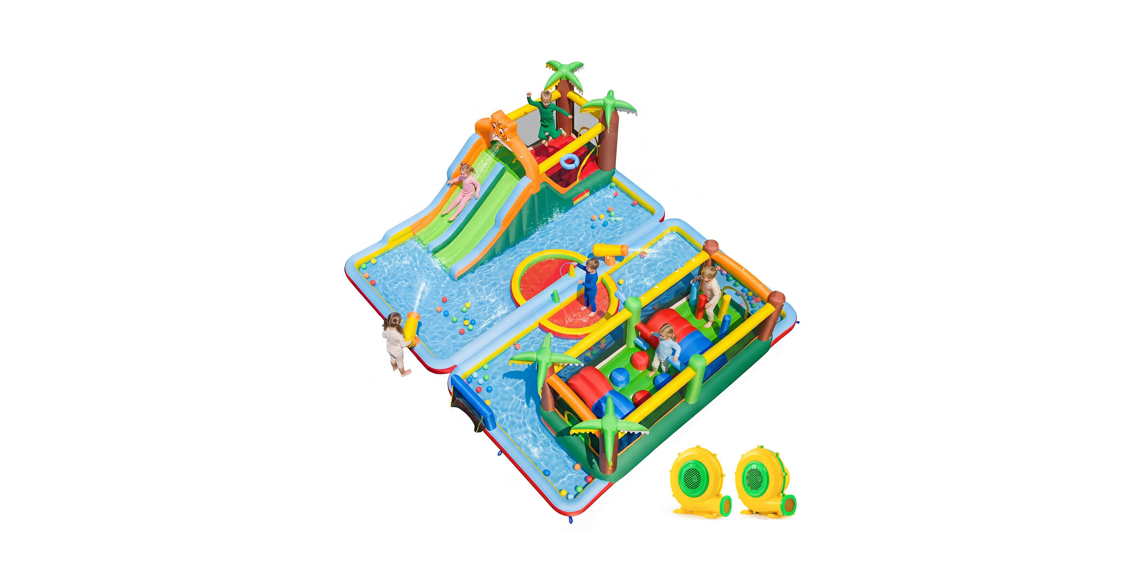 Gymax Inflatable Water Slide Park with Double Slides Splash Pools Jumping Area Blower