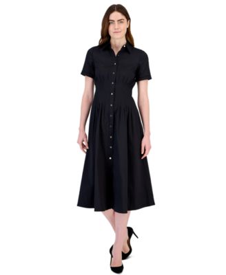 Women's Petite Fit & Flare Short-Sleeve Collared Shirt Dress