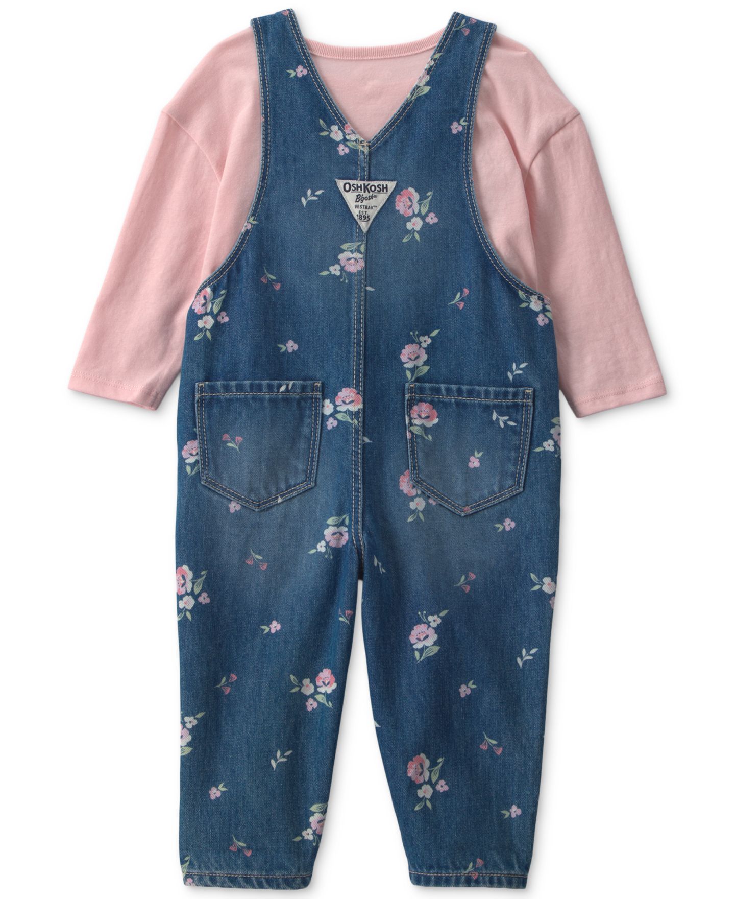 Детский комплект Oshkosh B'Gosh для девочки: джинсовый топ с цветами и полукомбинезон, цвет: Синий / Розовый — фото 2