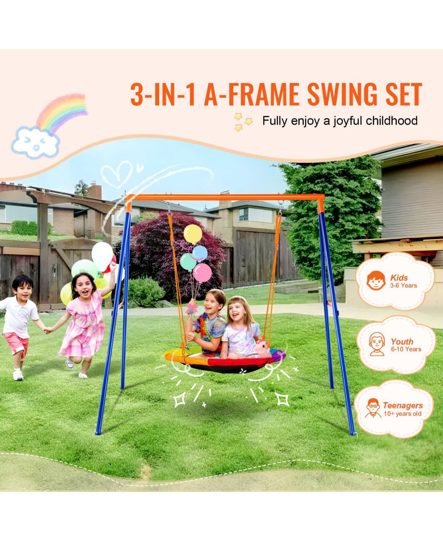 Детские игрушки Mecale Backyard Swing Set, 40" Saucer with Heavy-Duty A-Frame Metal Stand & Adjustable Rope, 440 Lb. Capacity, Ages 3+ — фото 5
