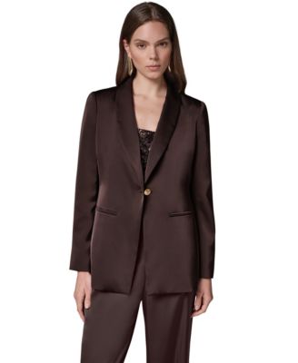 Petite Satin Shoulder-Padding Long-Sleeve Blazer