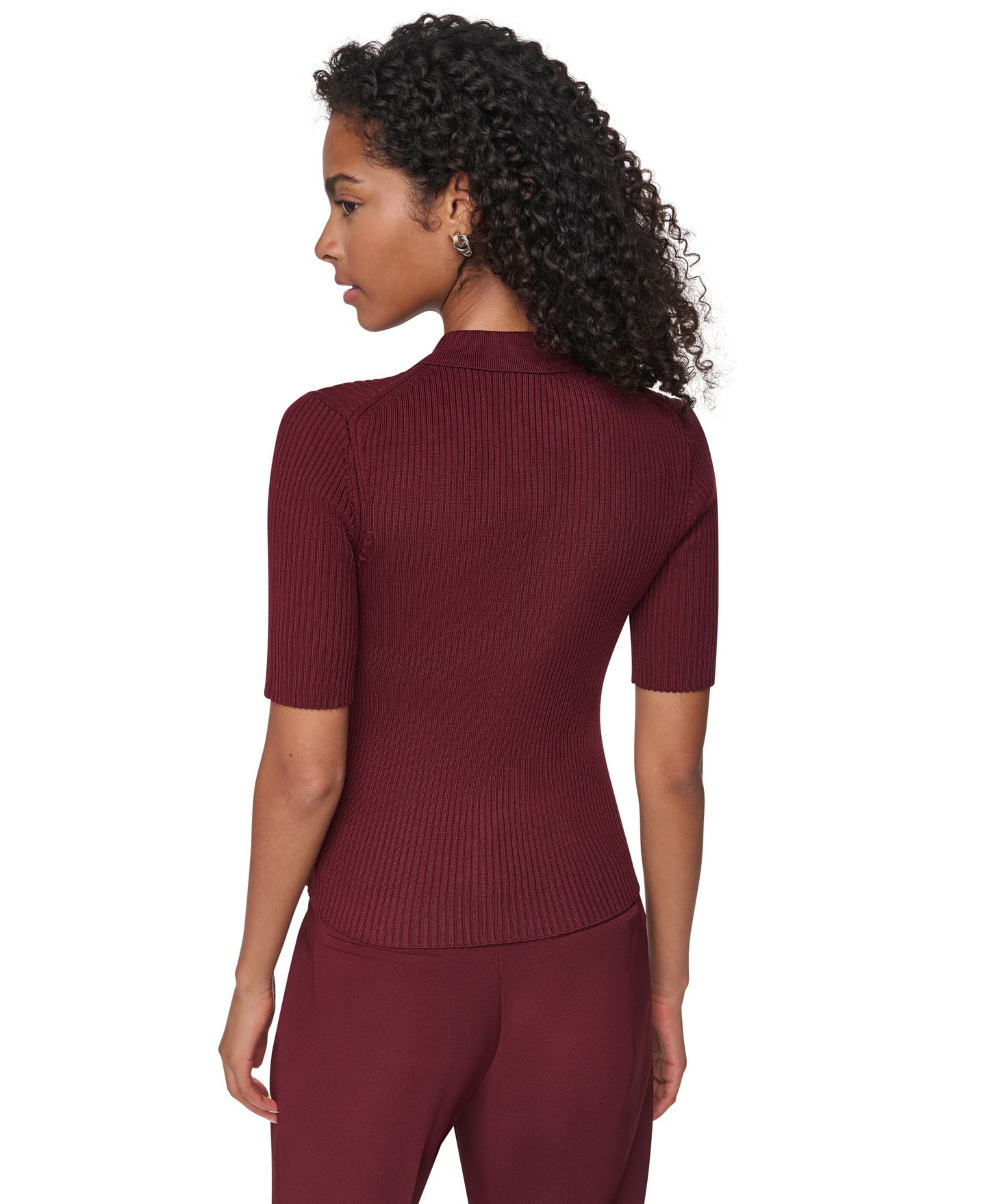 Женский свитер DKNY Petite Short-Sleeve Half-Zip Ribbed Cotton-Blend, цвет: Каберне — фото 4