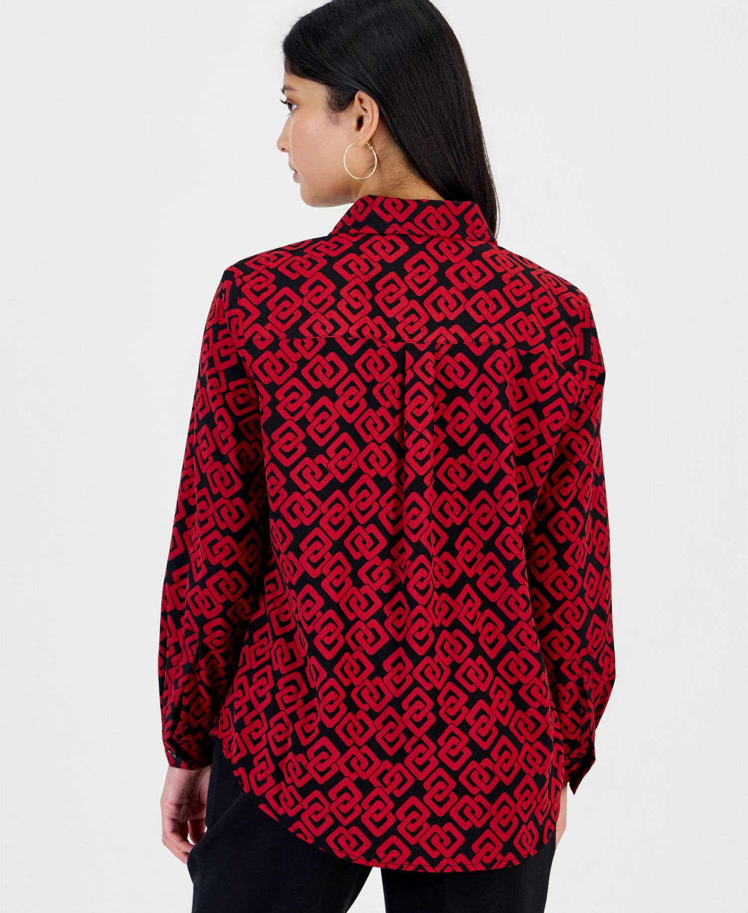 Petite Long-Sleeve Houndstooth Button-Front Blouse