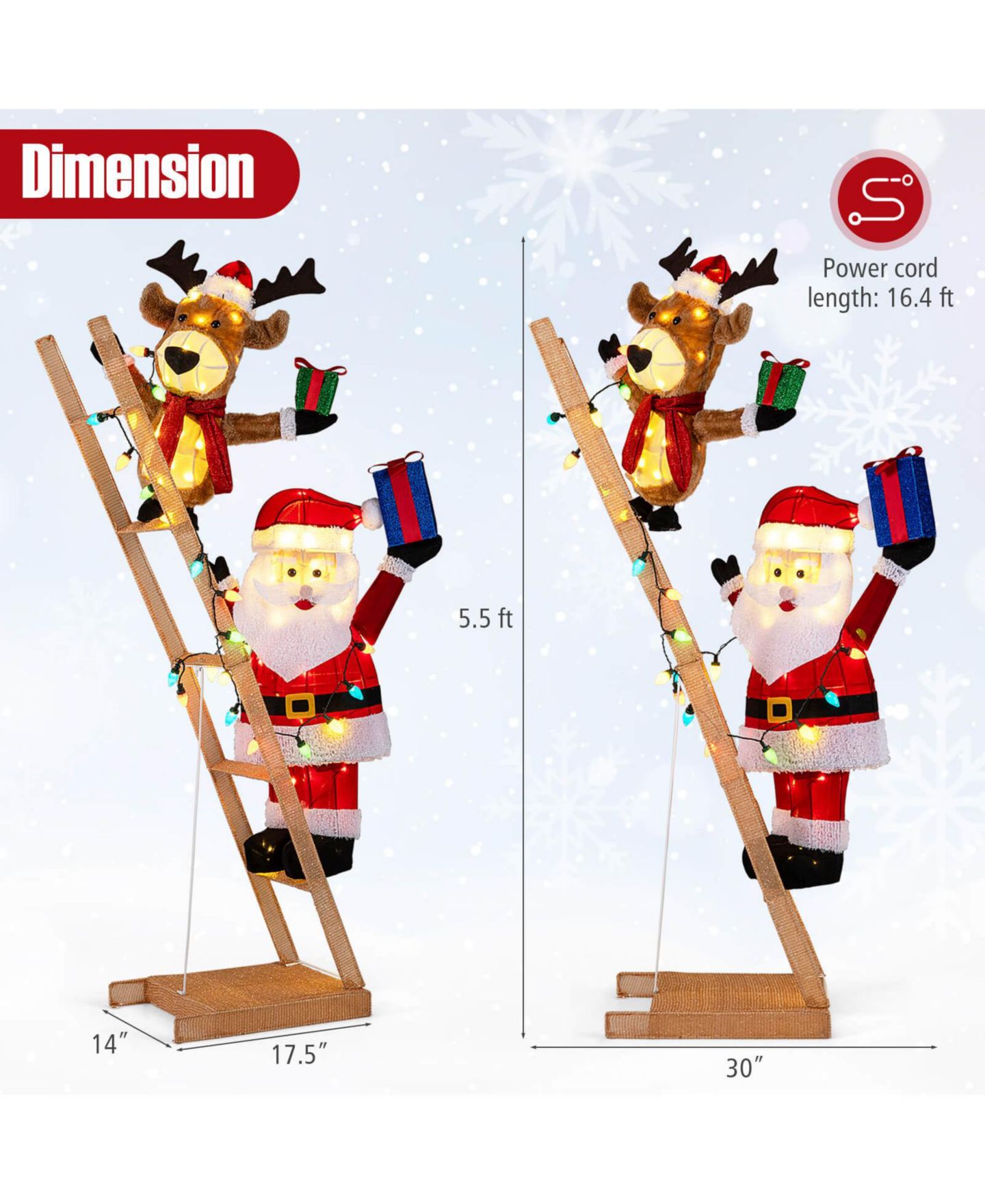 Детская игрушка Costway 5.5 FT Lighted Reindeer and Santa Claus on Ladder with 100 LED Lights, Zip Ties, цвет: Красный — фото 3