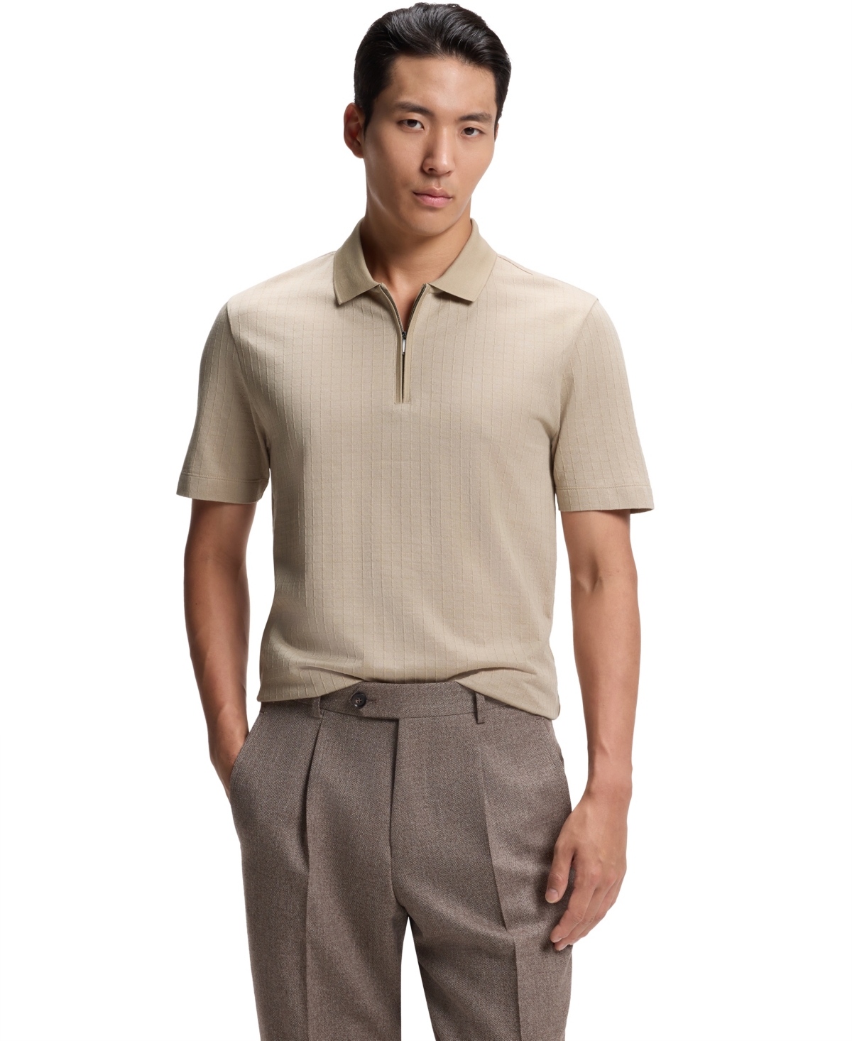 Hugo Boss Boss By  Men's Cotton-silk Blend Zip-neck Polo Shirt In Open Beige