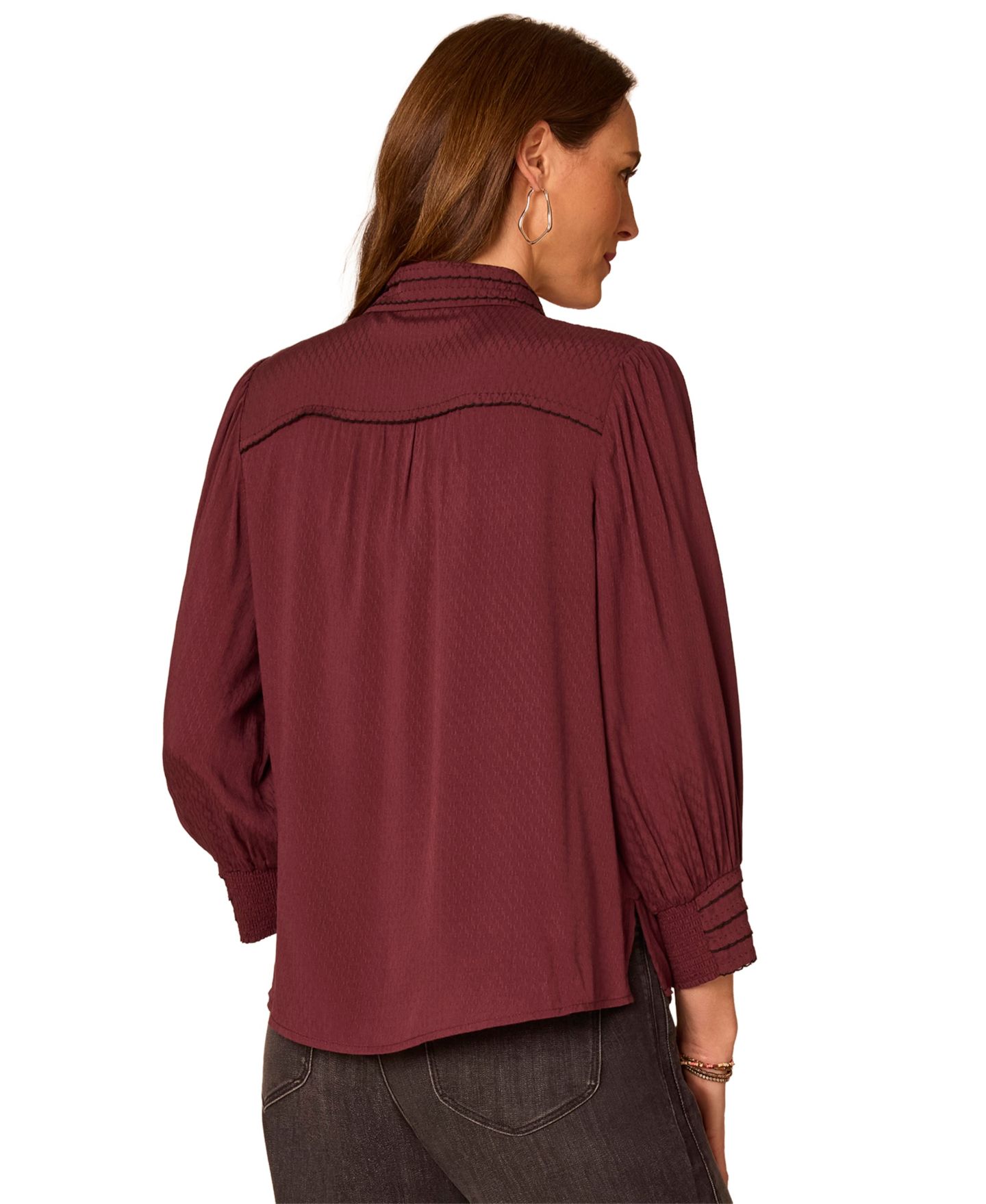 Женская блузка Democracy 3/4-Sleeve Button Down Bubble Hem Blouse, цвет: Инжирный / Чёрный — фото 5