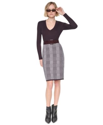 Women's Houndstooth Plaid V-Neck Long-Sleeve Sweater Dress