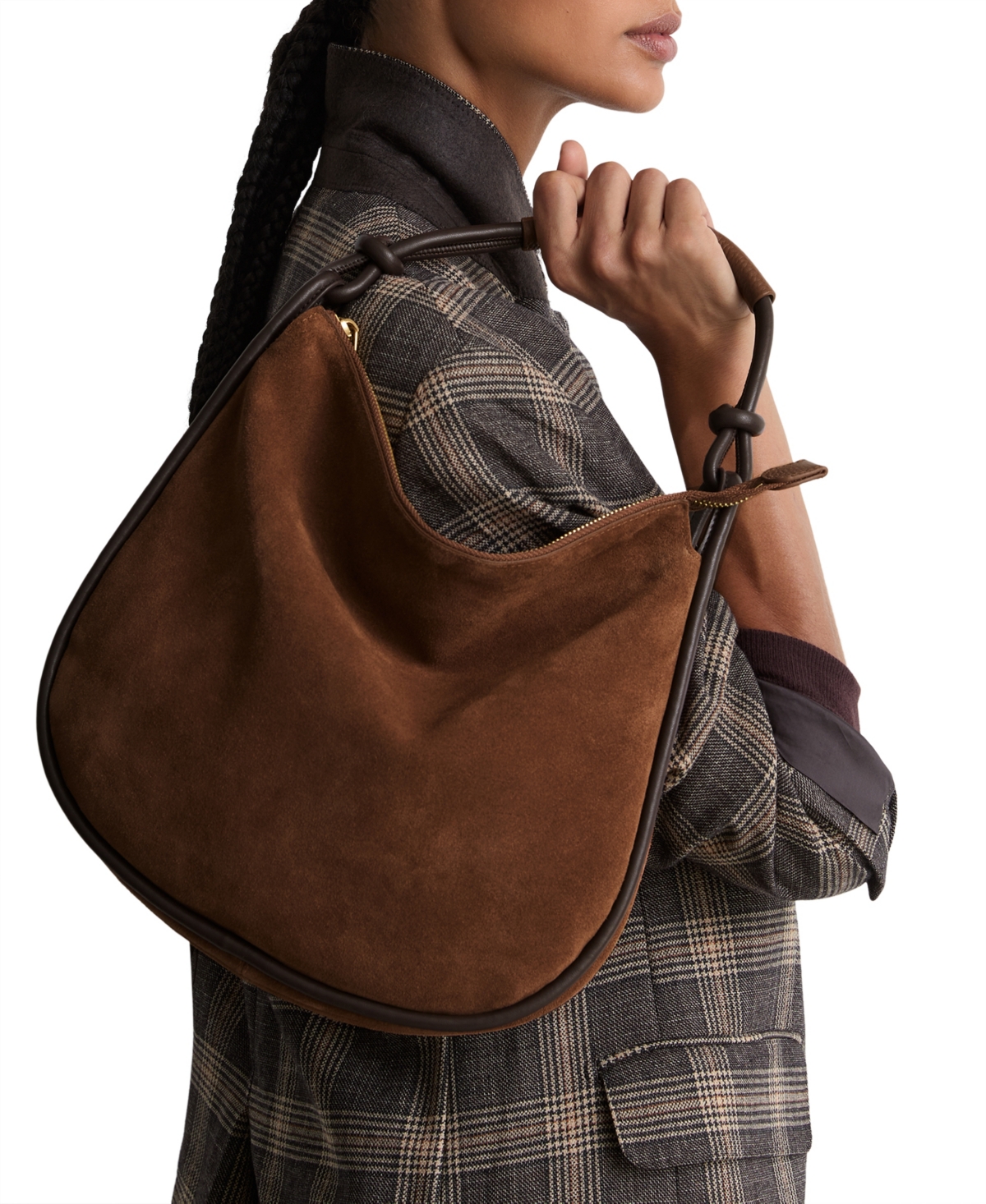 Reiss Aurelie Suede and Leather Curved Shoulder Bag, 32"W x 27"H x 8"D - Tan